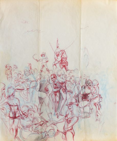 A drawing in red ink of a large orgy.