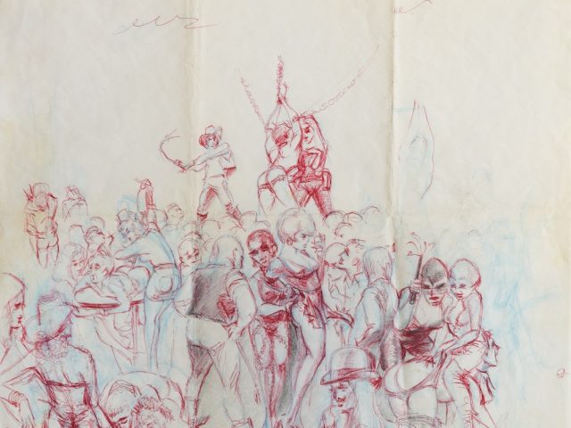A drawing in red ink of a large orgy.