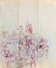A drawing in red ink of a large orgy.