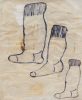 Three socks painted on masking tape in black gouche.