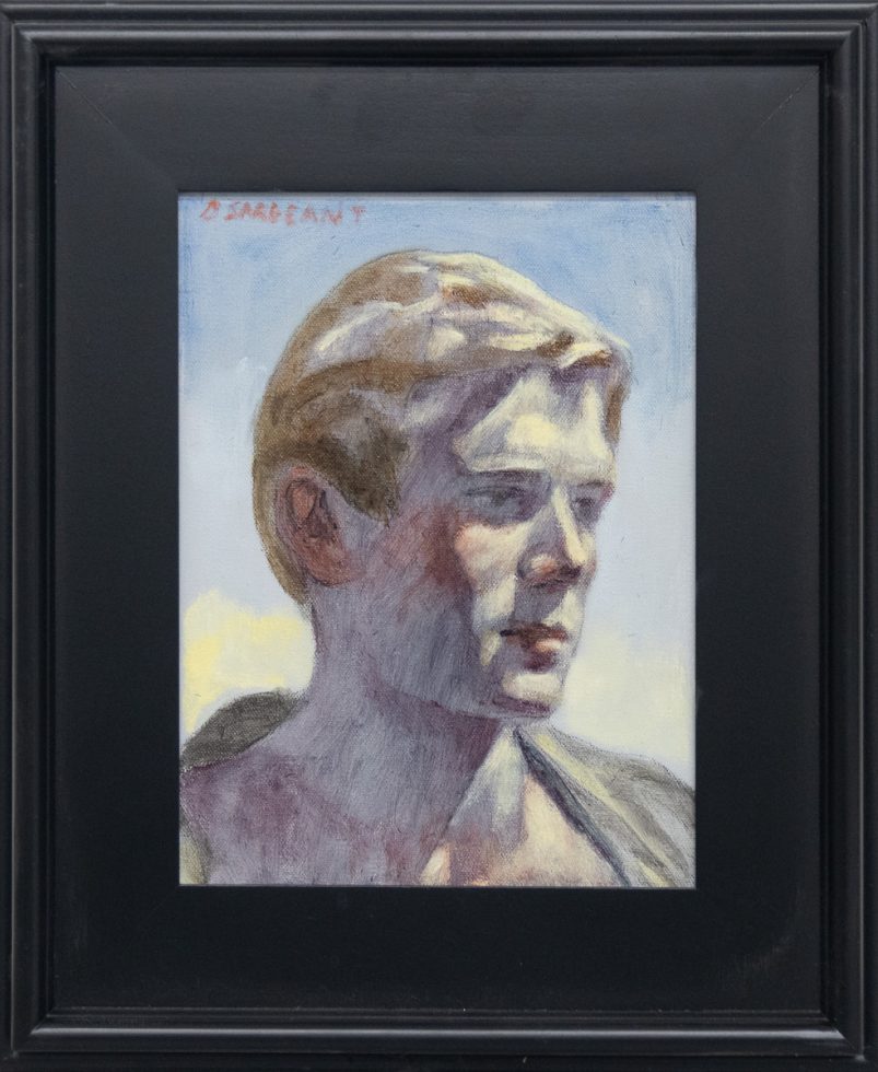 A picture of a painting of a young man looking to the side displayed in a black frame.