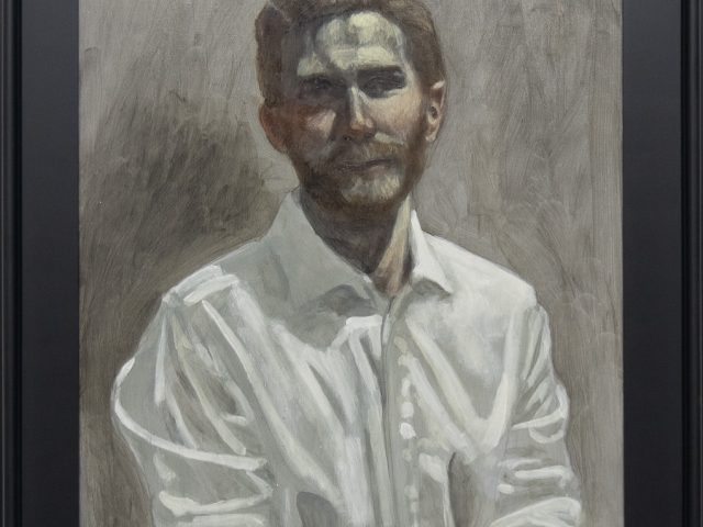 This framed painting depicts a man wearing a white shirt. He gazes at the viewer as if sitting for a portrait.