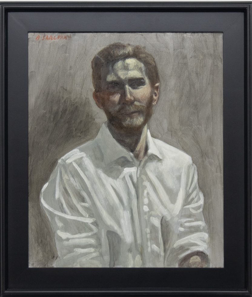 This framed painting depicts a man wearing a white shirt. He gazes at the viewer as if sitting for a portrait.