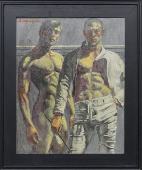 A painting depicting two standing young men displayed in black frame.