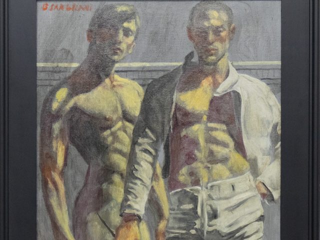 A painting depicting two standing young men displayed in black frame.