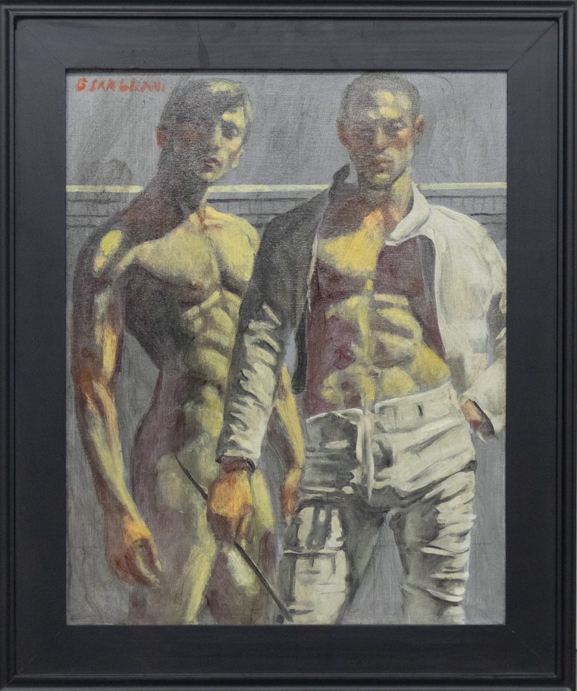 A painting depicting two standing young men displayed in black frame.
