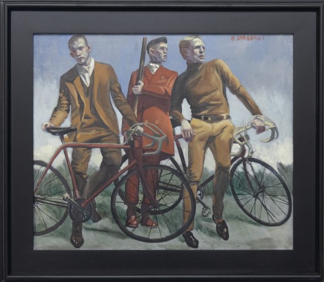 This painting depicts three men leaning against their bikes and looking at the viewer, as if they just finished a ride.