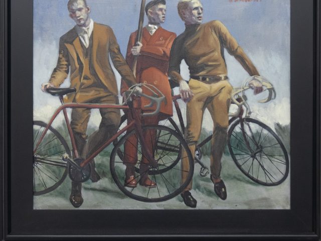 This painting depicts three men leaning against their bikes and looking at the viewer, as if they just finished a ride.