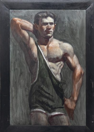This framed painting depicts a man wearing a green singlet. He poses with one hand raised and bent behind his head.