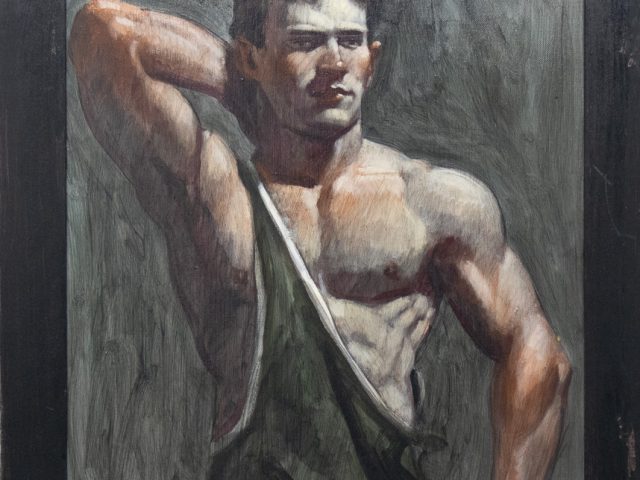 This framed painting depicts a man wearing a green singlet. He poses with one hand raised and bent behind his head.