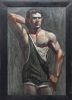 This framed painting depicts a man wearing a green singlet. He poses with one hand raised and bent behind his head.