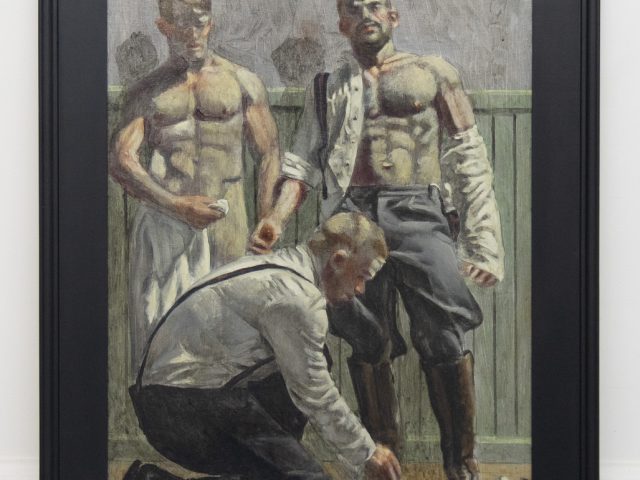 A painting of three men, two who stand looking at the viewer while one bends in the foreground to tie their shoes.