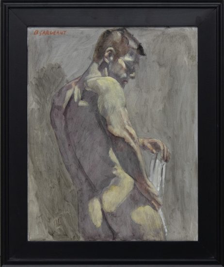 Framed painting of a bathing man, facing away from the viewer.