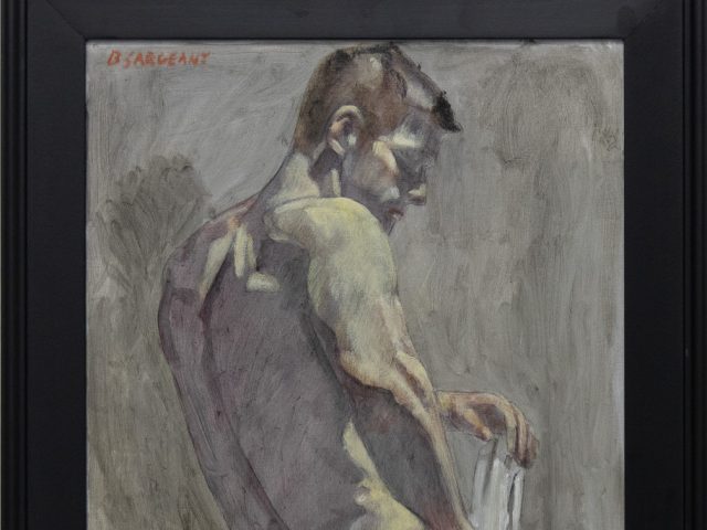 Framed painting of a bathing man, facing away from the viewer.