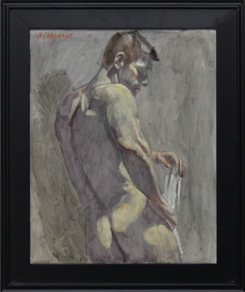 Framed painting of a bathing man, facing away from the viewer.