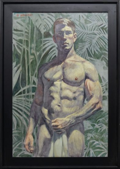 In this painting, a shirtless man stands against a rainforest background. He is seen from the waist up.
