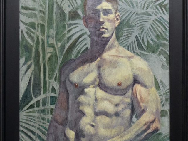 In this painting, a shirtless man stands against a rainforest background. He is seen from the waist up.
