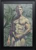In this painting, a shirtless man stands against a rainforest background. He is seen from the waist up.