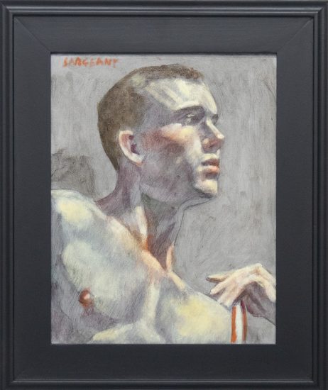 In this framed painting, a man depicted from the shoulders up gazes off to his left. His fingers graze the tip of his shoulder.