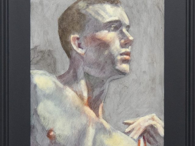 In this framed painting, a man depicted from the shoulders up gazes off to his left. His fingers graze the tip of his shoulder.