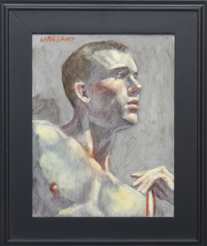 In this framed painting, a man depicted from the shoulders up gazes off to his left. His fingers graze the tip of his shoulder.