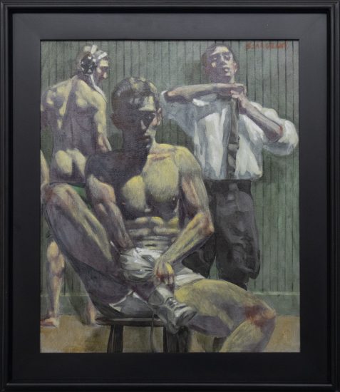 A painting of three wrestlers who are dressing and caring for their wounds after a match.