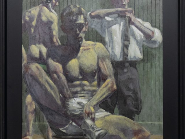 A painting of three wrestlers who are dressing and caring for their wounds after a match.