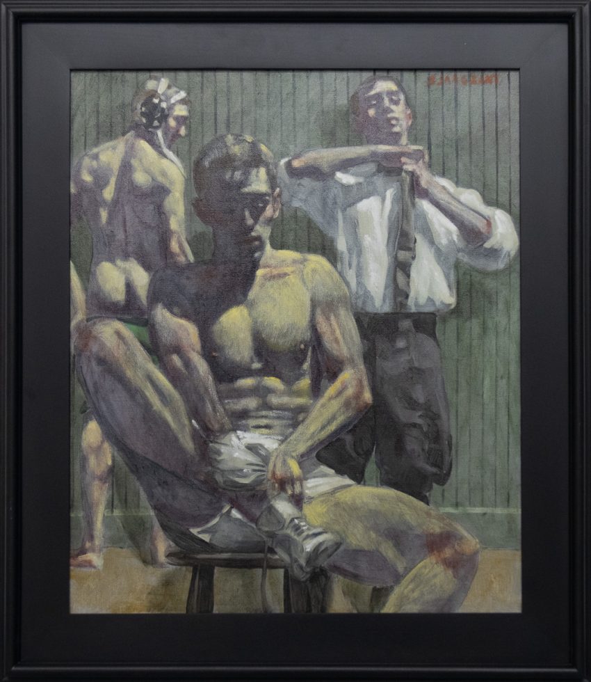 A painting of three wrestlers who are dressing and caring for their wounds after a match.