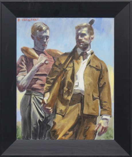 In this framed painting,, two men stand next to one another. The sky behind them is bright blue.