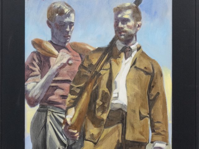 In this framed painting,, two men stand next to one another. The sky behind them is bright blue.