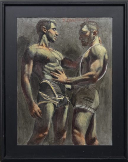A painting depicting two wrestlers standing facing one another. One reaches out to touch the other's chest.