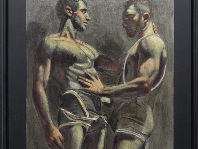 A painting depicting two wrestlers standing facing one another. One reaches out to touch the other's chest.