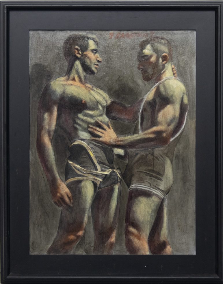 A painting depicting two wrestlers standing facing one another. One reaches out to touch the other's chest.