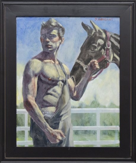 A framed image of a shirtless man holding the halter of a black stallion.