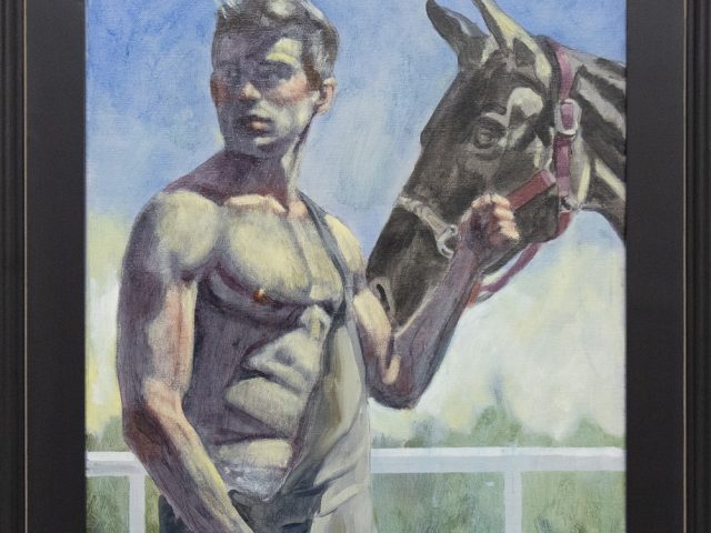 A framed image of a shirtless man holding the halter of a black stallion.