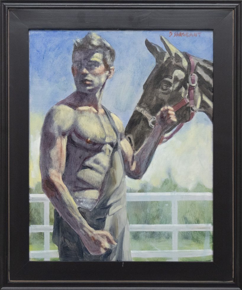 A framed image of a shirtless man holding the halter of a black stallion.
