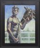 A framed image of a shirtless man holding the halter of a black stallion.