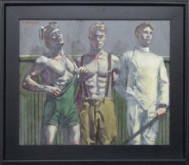 A framed painting depicting three men relaxing after a fencing tournament.