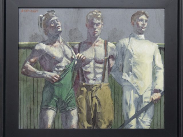 A framed painting depicting three men relaxing after a fencing tournament.