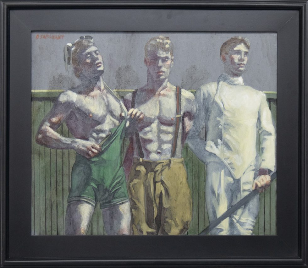 A framed painting depicting three men relaxing after a fencing tournament.