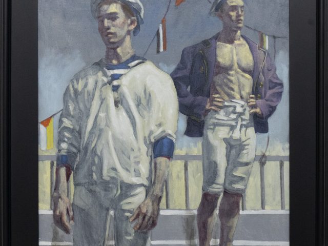 A framed painting of two sailers standing on the deck of a ship.