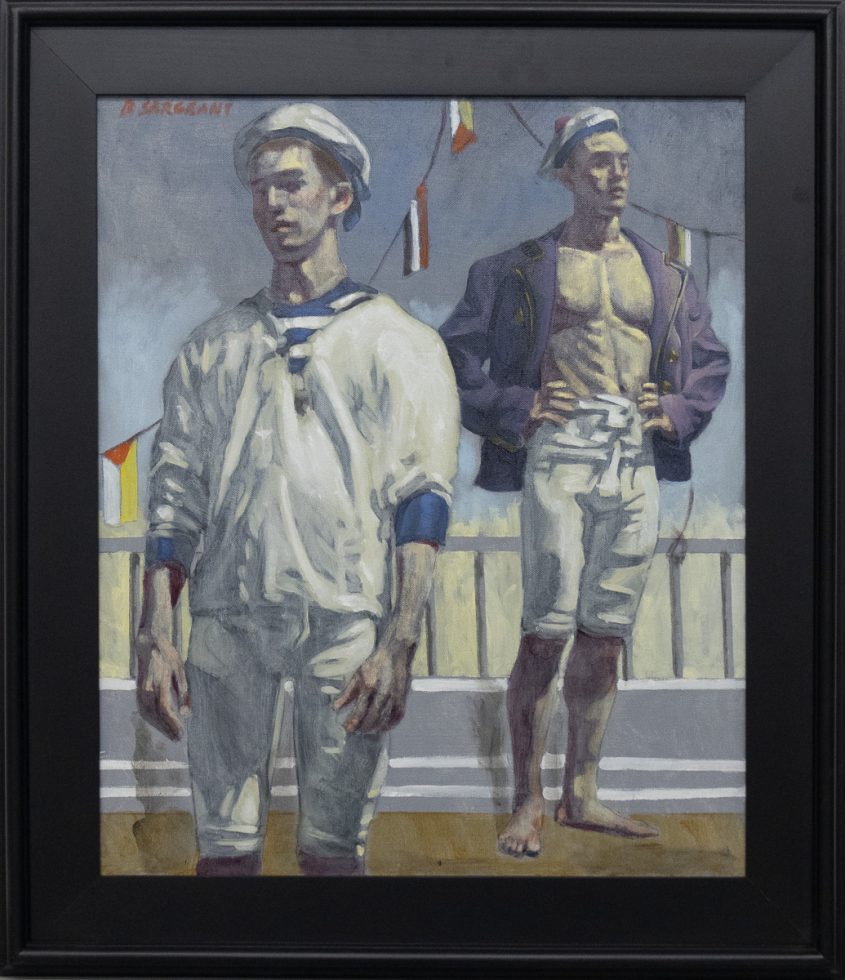 A framed painting of two sailers standing on the deck of a ship.