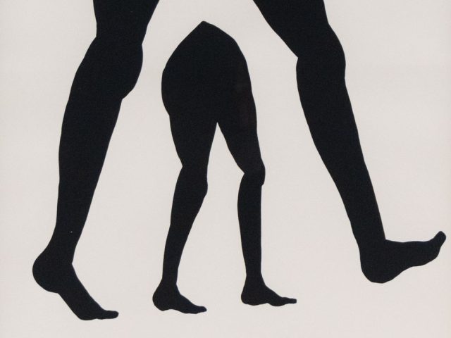 A painting of a large set of legs over a small set of legs in black gouache.