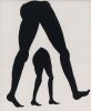 A painting of a large set of legs over a small set of legs in black gouache.