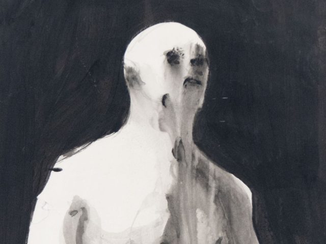 A black and white painting of a boxer.