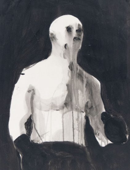 A black and white painting of a boxer with minimal detail.