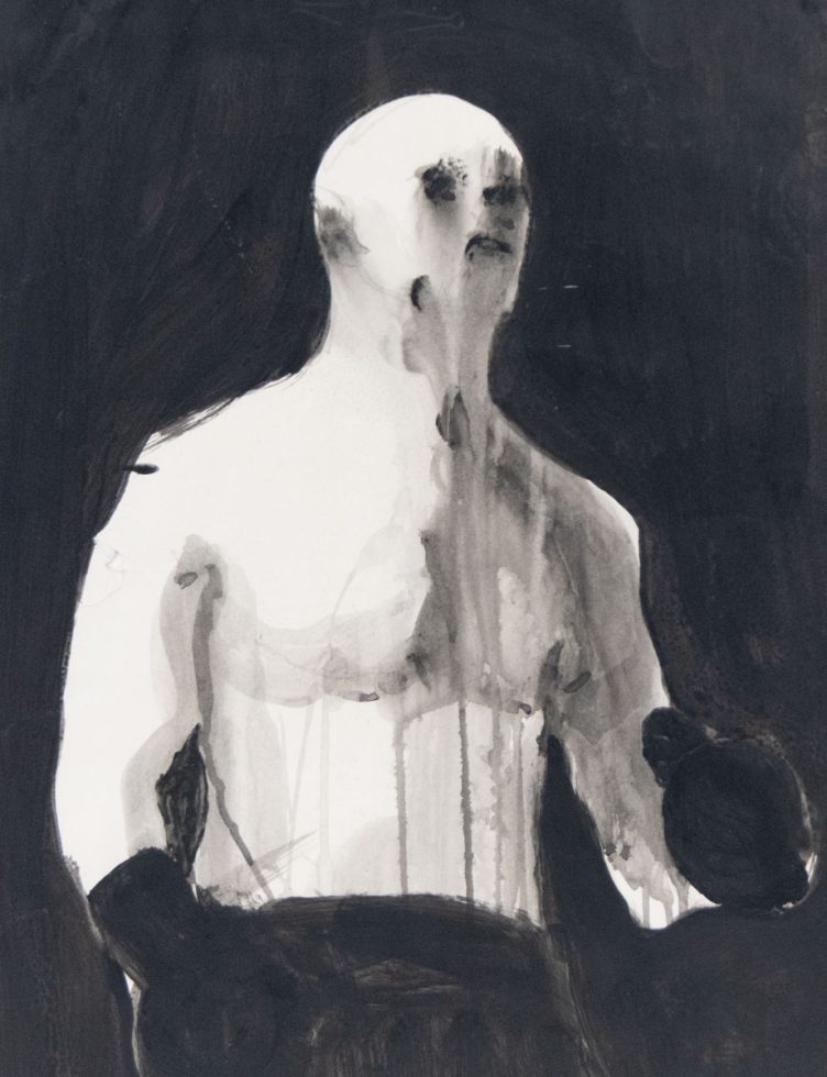 A black and white painting of a boxer with minimal detail.