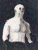 A black and white painting of a boxer with minimal detail.