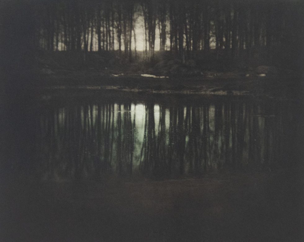 A photograph of a moonrise with trees reflecting in water.