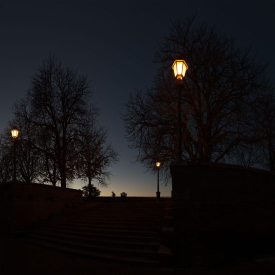 This is a color photograph of lamp posts at night.